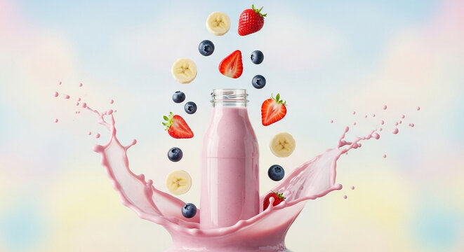 Pastel background digital art of a healthy smoothie and fruit splash