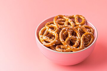 A small bowl of salted pretzel twists on a soft pastel coral background 