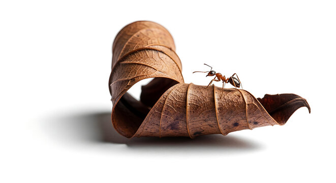 A small ant stands on a curled brown leaf against a white background.