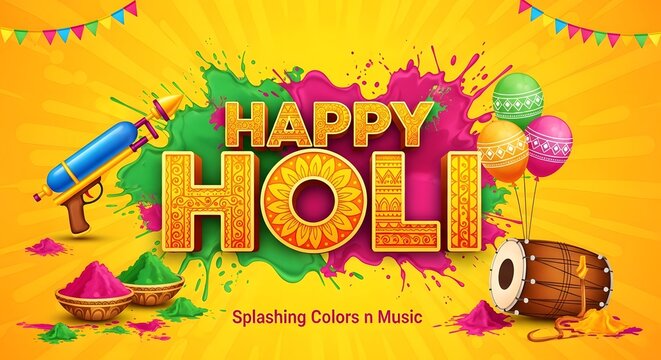 Happy holi festival celebration with colorful powder, pichkari, dholak and balloons