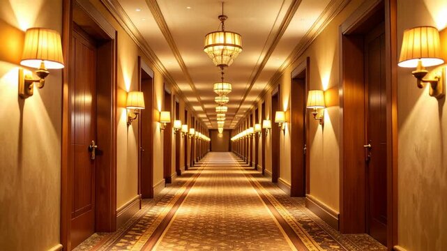 Luxurious hotel corridor with warm lighting and ornate chandeliers leading to vanishing point