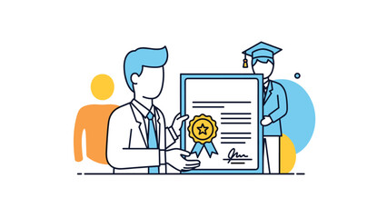 Fototapeta premium Line art illustration of a person proudly holding a large diploma with a gold seal, with a graduate in a cap and gown in the background.