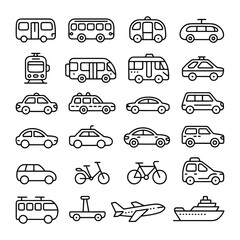 Obraz premium Transportation Collection: A collection of various transportation modes, including buses, cars, bicycles, an airplane and a ship, all displayed in a consistent line art style.