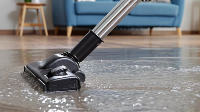 Close-up shot of a wet and dry vacuum cleaner suction head removing soapy water from a flooded wood floor.