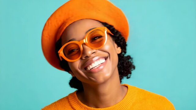 Joyful young woman with bright orange beret and sunglasses, smiling widely against a turquoise background