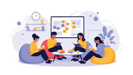 A group of diverse young people sitting on beanbags in a cozy room, reading books together as part of a book club or study group.