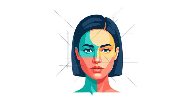 Geometric Human Face Illustration: Modern Female Portrait with Blueprint Construction Lines, Design Structure and Bold Color Mapping