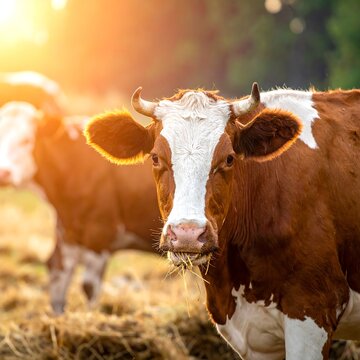 A brown and white cow with horns chews on hay in a sunny, grassy field, another cow blurry in background