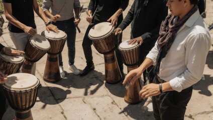 Group of people playing djembes outdoors