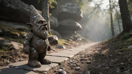 Stone gnome figurine on a forest path