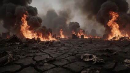 A desolate landscape ravaged by fire and explosions.  Vast, cracked earth is littered with debris and the remnants of buildings consumed by intense flames and thick smoke