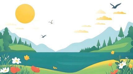 Fototapeta premium Digital illustration of a serene landscape featuring mountains, a lake, and scattered flowers under a sunny sky.