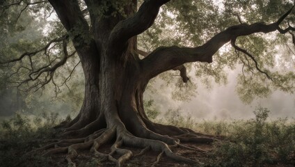 Ancient, massive tree with sprawling roots in a misty forest