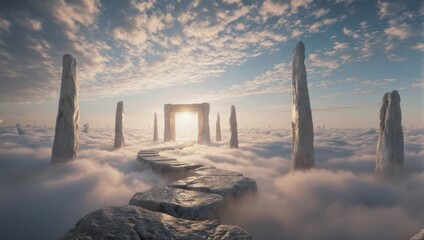 A stone path winding through a surreal, cloudy landscape, leading to a sunlit portal