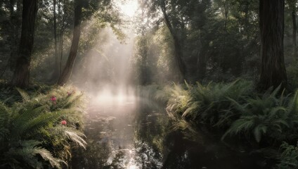 Sunbeams pierce a misty forest waterway. Lush foliage and ferns frame a tranquil canal