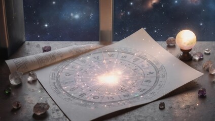 Cosmic chart on paper, starry window