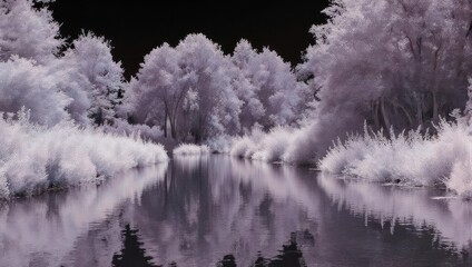 A tranquil river reflecting a landscape of trees and vegetation, captured in a monochromatic infrared