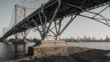 A bridge's metal structure spans a waterway, with concrete supports, cityscape beyond