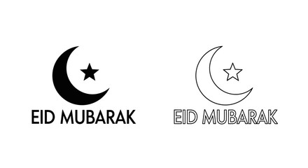 Obraz premium Vector black crescent moon and star icon with 'Eid Mubarak' text, isolated on a transparent background, suitable for religious holiday greetings and branding.