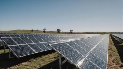 Rows of solar panels on a grassy field under a clear blue sky