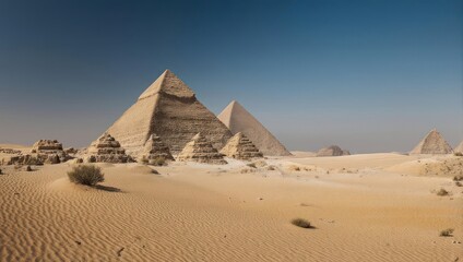 Ancient pyramids in a vast desert landscape under a clear sky