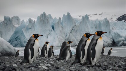 King Penguins on glacial shoreline