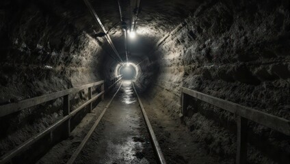 Dark, narrow tunnel, dimly lit, with a path and rails