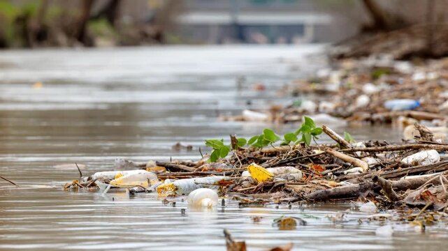 Severe water pollution visible as plastic bottles and natural debris accumulate along the bank of a flowing river.