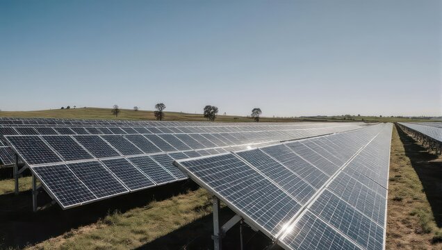 Rows of solar panels on a grassy field under a clear blue sky