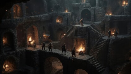 A fantastical subterranean city.  Many figures navigate  a labyrinth of dark tunnels and stairways.  Firelight illuminates  the scene