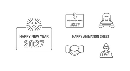 Happy New Year 2027 Animation Sheet Icons: Sun, Calendar, Sleeping Person, Mask, Doctor