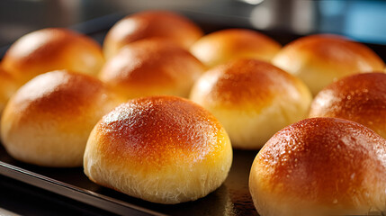Freshly baked golden brown rolls arranged neatly on a baking tray, ready to be served, conveying warmth and deliciousness.