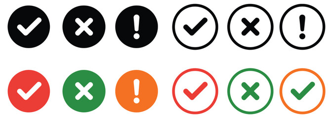 Check mark icon button, right wrong checkbox symbols, green success tick, red error cross, confirm reject options, alert exclamation and info icons, modern UI vector illustration.