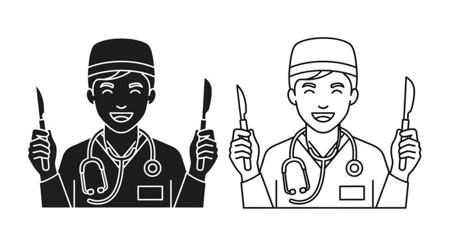 Smiling male surgeon vector illustration holding a metallic scalpel in each hand, wearing a scrub cap and stethoscope, isolated on a white background.
