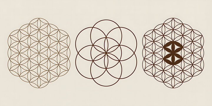 Set of three detailed Flower of Life sacred geometry patterns in brown on a beige background.