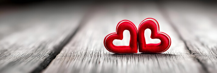 Two red heart shapes on wooden surface symbolize love and affection, perfect for romantic themes and emotional connections.