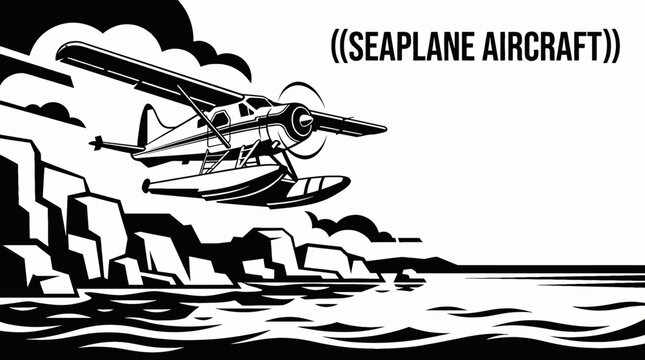 seaplane airplane aircraft aviation flight black and white above coastal sky clouds at low altitude near ocean horizon showing transport travel aerospace engine wing