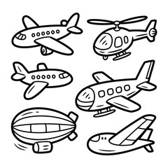Air Transportation Collection: This illustration shows various modes of air transportation, including airplanes, a helicopter, and a zeppelin. © Karima