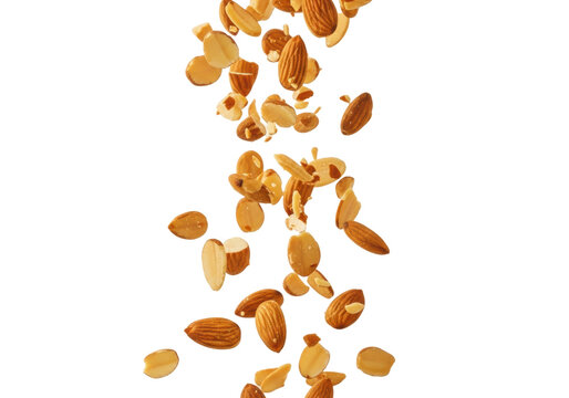 Numerous roasted almond slivers with golden-brown roast levels and dark skin fragments scattering mid-air against a bright white studio background with copy space, clean food preparation concept