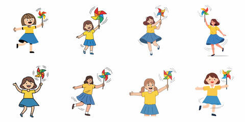 Naklejka premium Happy young girls playing and running with colorful pinwheels, enjoying summer outdoor fun. Cute cartoon vector illustration set on white background.