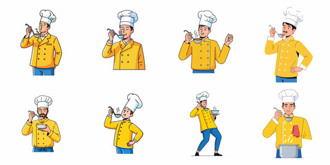 Eight cartoon illustrations of male chefs in yellow uniforms tasting and preparing food, showing quality control and culinary skill.