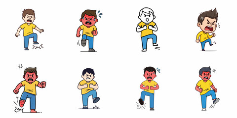 Fototapeta premium Vector set of angry men or boys cartoon icons yelling, stomping their feet, showing frustration, rage, and emotional meltdown.