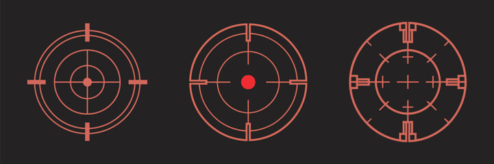 Targeting reticles red digital crosshair elements, advanced military HUD markers, sniper scope overlays, shooting game aiming guides, high tech sci fi battle interface vector illustration. © Ayat 03
