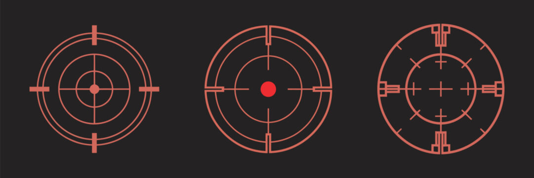 Targeting reticles red digital crosshair elements, advanced military HUD markers, sniper scope overlays, shooting game aiming guides, high tech sci fi battle interface vector illustration.