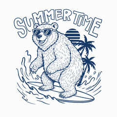 Naklejka premium Cool Bear Surfing on a Wave in Summer Time.