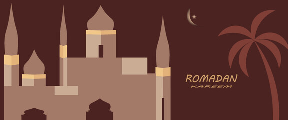 Fototapeta premium Beautiful Mosque with moon and stars design, Ramadan kareem greeting card, poster, web banner, holiday background illustration