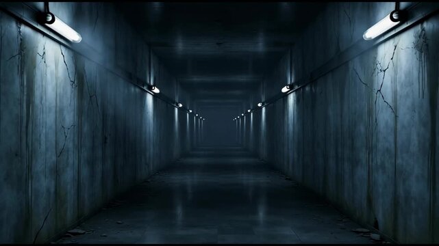 A government research facility corridor abandoned after a catastrophic event. Cracked walls and dim emergency lighting create a haunting post-apocalyptic environment