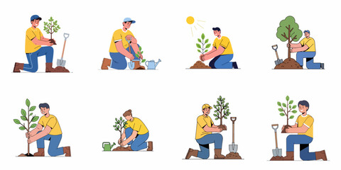 Fototapeta premium People planting and caring for trees set. Illustrations of volunteers engaging in ecology, nature conservation, and gardening activities with tools like shovels and watering cans.