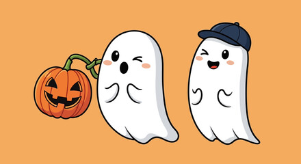 Fototapeta premium Cute Halloween Ghosts with Jack-o-Lantern, Winking and Wearing Cap