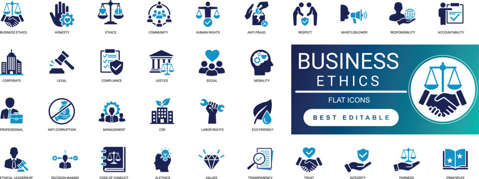 business ethics solid icon set integrity, corporate, honesty, trust, values, compliance, fairness, morality, principles professional vector set editable